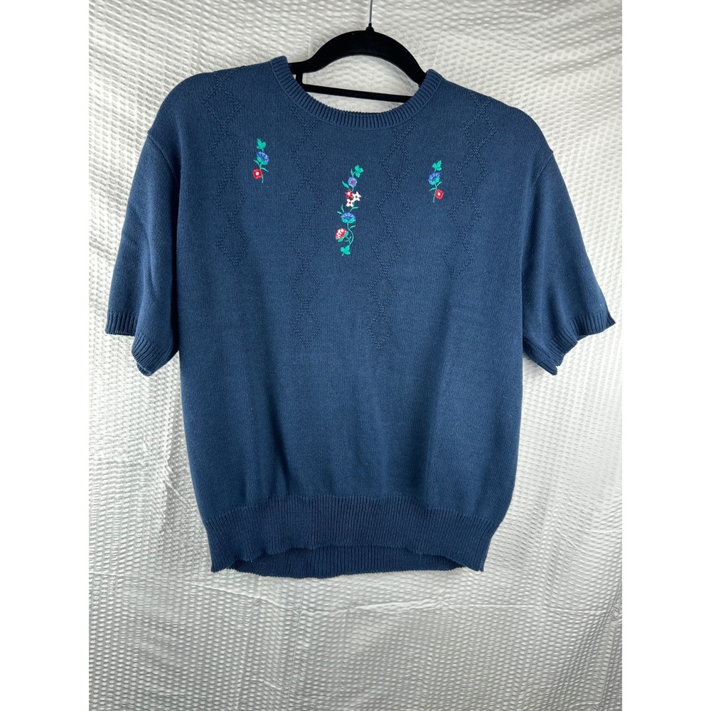 Vintage Nikki Blue Short Sleeve Sweater Women's Large – Floral‎ Embroidered